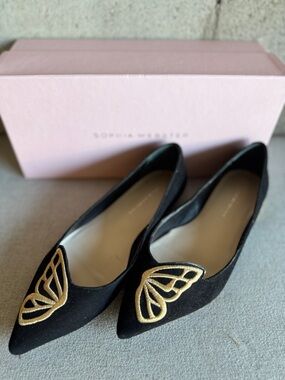 Sophia Webster Black Suede Pointed Flats with Gold Butterfly Appliqué